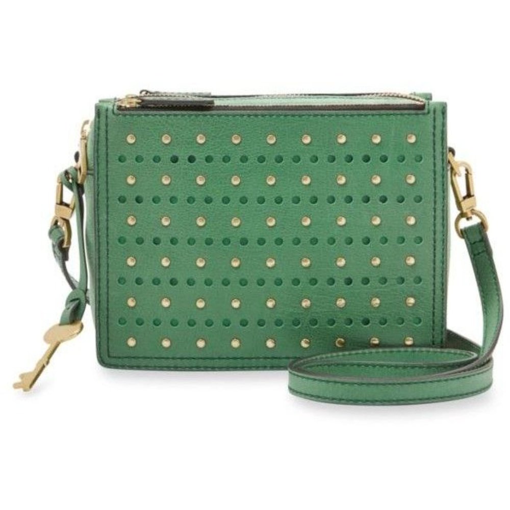 Fossil Campbell Green Studded Genuine Leather & Suede Crossbody